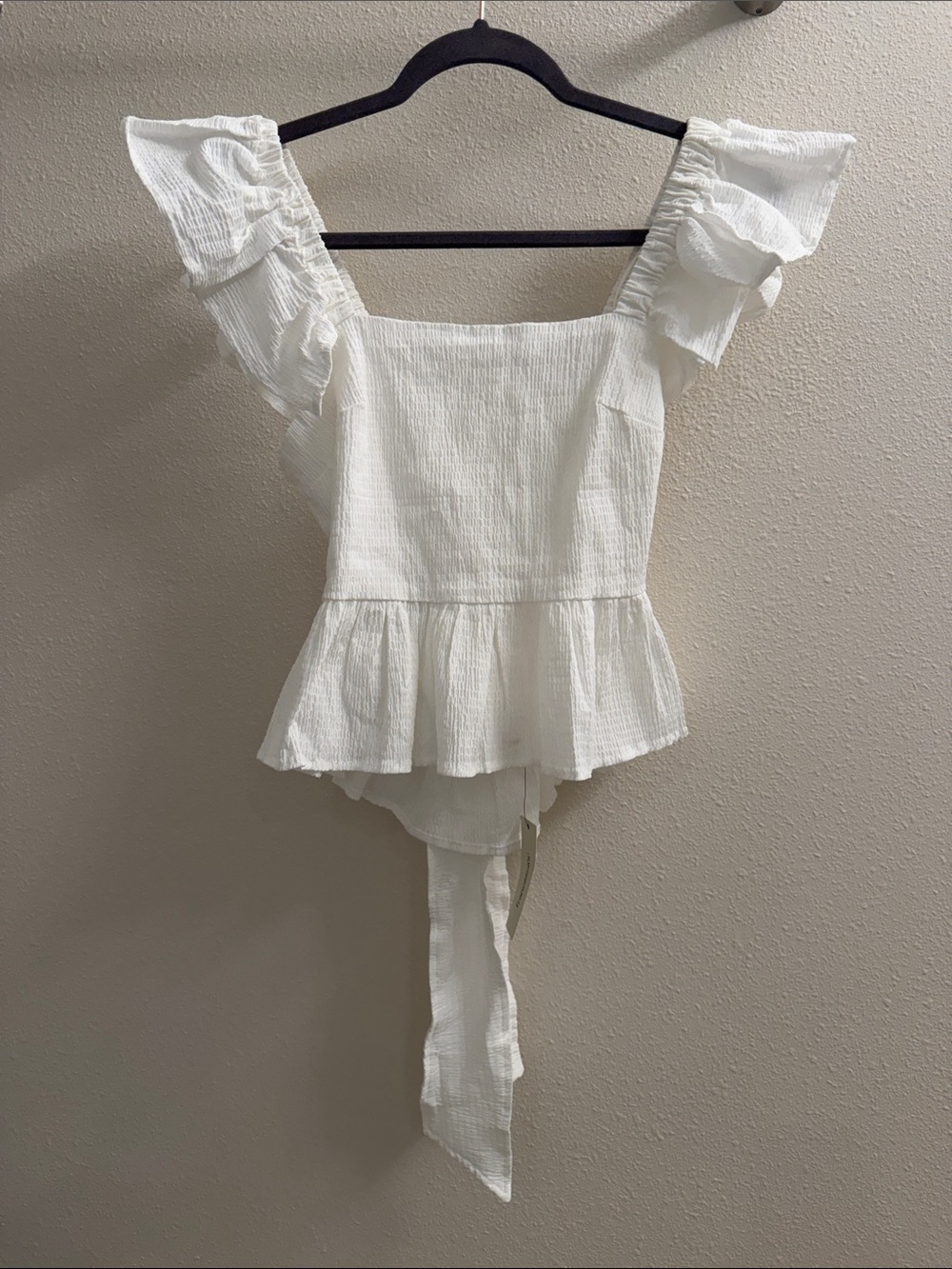 Francesca's Collections White Ruffle Peplum Tie-Back Top